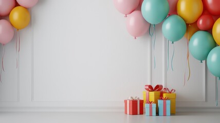 A cheerful birthday scene filled with vibrant balloons in every color of the rainbow, celebrating joy and happiness.