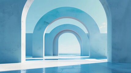 An abstract architectural scene with multiple arches leading to a view of the sea.