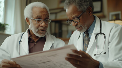 Fototapeta premium A caring physician reviews medical charts with a senior patient, providing guidance and discussing treatment options. The image reflects the importance of thorough communication in