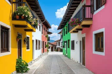 Fototapeta premium Vibrant street lined with colorful rainbow houses featuring charming balconies in a picturesque neighborhood.