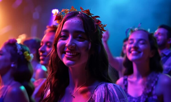 A woman is smiling and wearing a flower crown Video