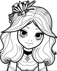 Black and White Cartoon Illustration of Cute Little Princess Fantasy Character for Coloring Book
