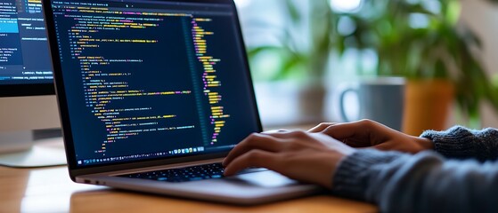 Focused Programmer Working on Code with Dual Monitor Setup