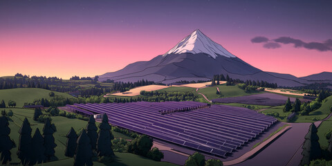 A vast solar panel farm nestled in a valley, with a snow-capped mountain in the background.