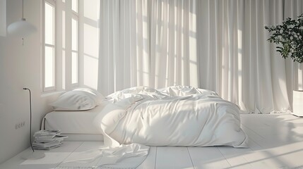 A white bedroom with a bed, white curtains, and a plant.