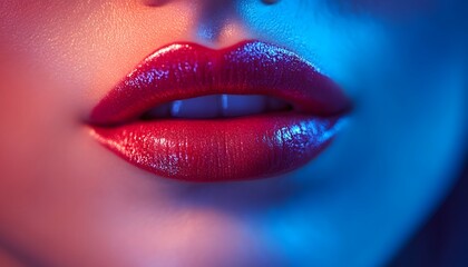 Fototapeta premium Close up of a mouth with lipstick, highlighting bold color and shine