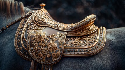 A beautifully detailed saddle sits elegantly upon a horse, showcasing artistry and fine craftsmanship under the fading light of evening