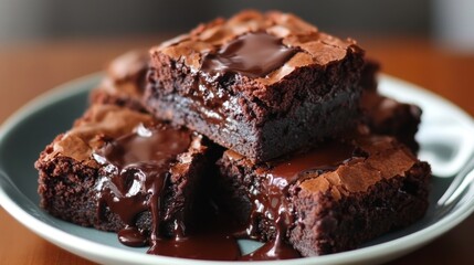 A close-up of a plate of homemade chocolate brownies topped with melted chocolate.