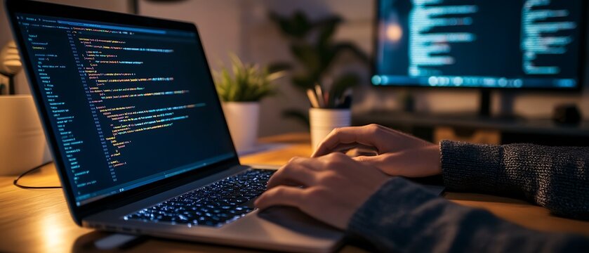 Late Night Coding Session with Multiple Screens and Ambient Lighting