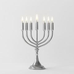 Fototapeta premium Silver menorah with lit candles on a light background