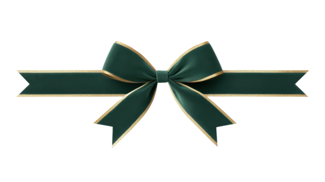 A green ribbon with gold trim is shown on a white background. The ribbon is long and has a bow at the end. The ribbon is made of velvet and has a shiny, gold trim - Powered by Adobe
