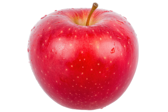 A red apple with a stem on top. The apple is wet and shiny. It is the only apple in the image