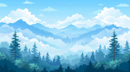  Beautiful blue forest winter mountain  watercolor landscape forest with clouds illustration