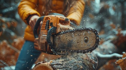 A person in a yellow jacket uses a chainsaw to cut a fallen log, surrounded by snow-covered trees in a tranquil winter forest