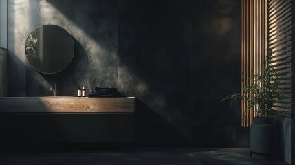 Contemporary modern bathroom interior in dark black colors, concrete and wooden elements.