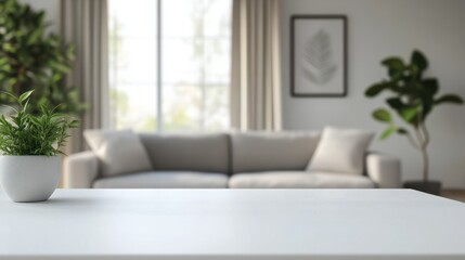 Copy space on a white table with a blurred modern living room in the background.