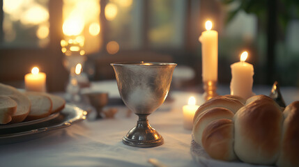 Hanukkah dinner table with candles, silver cup