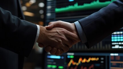 Corporate Handshake with Advanced Trading Screen Overlay