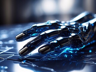 Mechanized holographic arm with blue neon light. Illustration in the style of futurism for wallpaper.Photo realistic style.