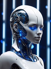 Futuristic mechanized woman head with blue neon light human or robot or biorobot. Illustration in the style of futurism for wallpaper. Realistic photo style.