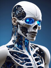 Futuristic mechanized head with blue neon light of man or robot or biorobot. Illustration in the style of futurism for wallpaper. Photo realistic style.