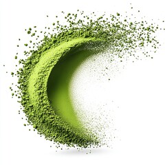 Green matcha powder flying, white background 