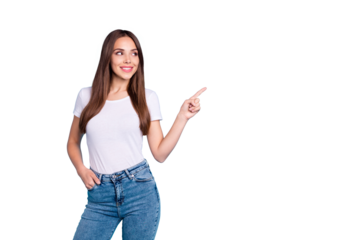 Portrait of pretty youth pointing at copy space looking at ads wearing white t-shirt denim jeans isolated over blue background