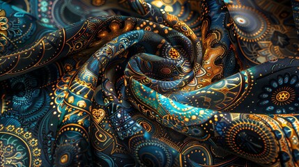 Fototapeta premium Close-up of a luxurious, dark blue fabric with a shimmering gold paisley pattern.