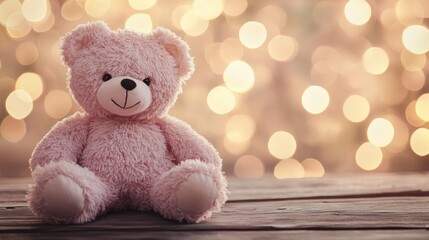 A soft pink teddy bear sits on a wooden surface with a blurred, warm bokeh background.