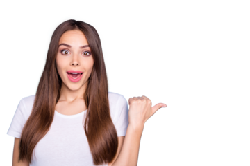 Close up photo of charming woman pointing at copy space screaming shouting wow omg isolated over blue background