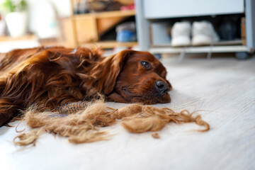  Combing dog's fur with a comb. Happy Irish Setter on the floor