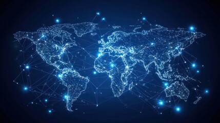 digital world map with global network connections, abstract blue network design representing worldwide communication, technological connectivity, and global reach