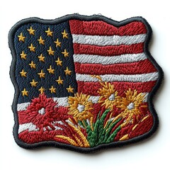 American flag with floral accents embroidered patch badge on isolated white background, vector badge and patch collection for print or embroidery
