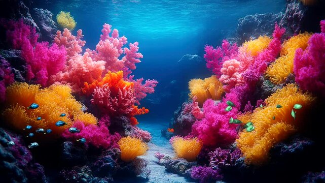 A vibrant underwater scene featuring colorful coral and tropical fish. Seamless looping 4k video animation background 