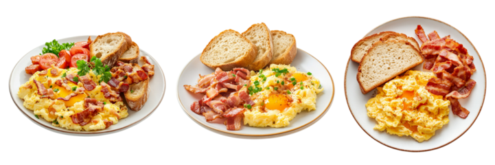 scrambled egg with bacon and sourdough bread for breakfast isolated on transparent background