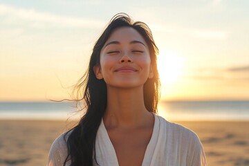 asian american woman, happy and meditation with breathing on beach for fresh air or spiritual yoga in nature. Faith, person or peaceful by ocean for sunset worship, holistic mindset or zen with mockup
