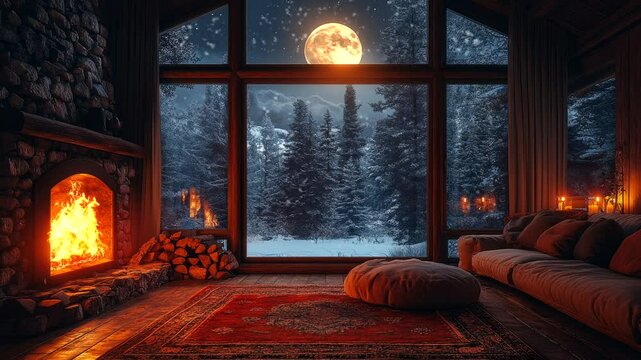 Cozy winter scene with a fireplace and full moon illuminating a snowy landscape. Seamless looping 4k video animation background 
