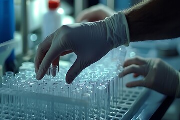 Detailed imagery of hands handling test tubes for experiments in a lab.