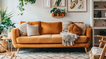 A comfortable living room with an orange sofa,  pillows, a throw blanket, a patterned rug,  plants, and framed artwork.