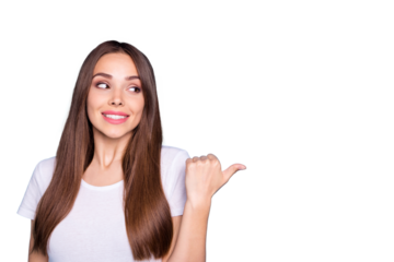 Portrait of charming promoter looking at copy space having advertisements isolated over blue background