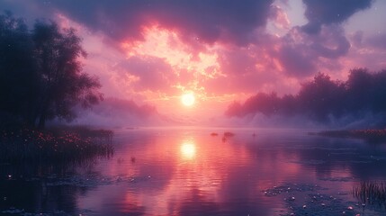 Dreamy Sunset Over Serene Lake Landscape