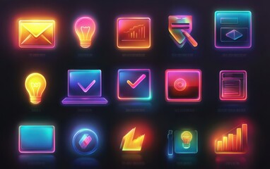 A sleek collection of matte UI icons designed in a glassmorphism style, featuring blurred neon gradients