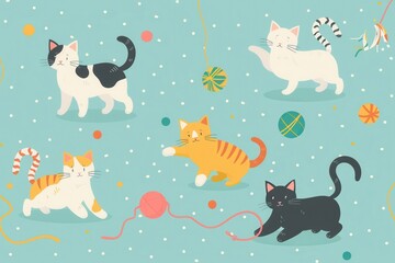 A group of joyful cats are energetically playing with yarn, colorful balls, and each other in a bright setting. Generative AI