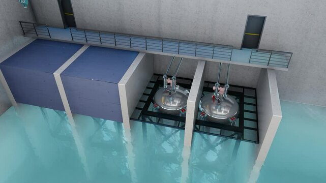 Hall with modular nuclear reactor SMR. Reactor pool area where reactor modules are submerged.  Dynamic development of offshore wind and photovoltaic energy. 3D artist render.
