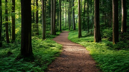 Fototapeta premium 54. A solitary path through a dense forest, leading into the unknown