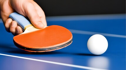 A hand prepares to strike a ping pong ball on a blue table, showcasing the sport's dynamic action and focus.