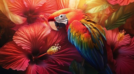 Obraz premium Vibrant Parrot amid Lush Hibiscus Blooms in Nature's Palette