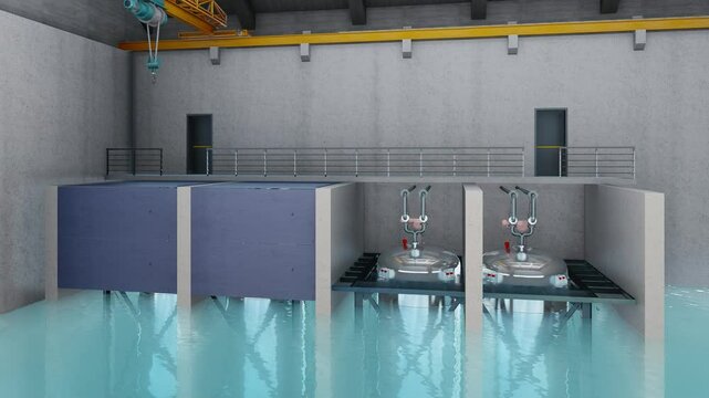 Hall with a modular nuclear reactor smr. Dynamic development of offshore wind and photovoltaic energy, SMRs can be a zero-emission alternative to current energy assets. 3D artist render.