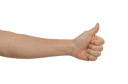 Hand of client show thumb up isolated on transparent background. Service rating, satisfaction concept. Male hand showing thumb up