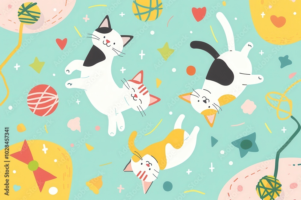 Poster Three cats are happily playing with balls and yarn while surrounded by various colorful toys, creating a lively atmosphere. Generative AI